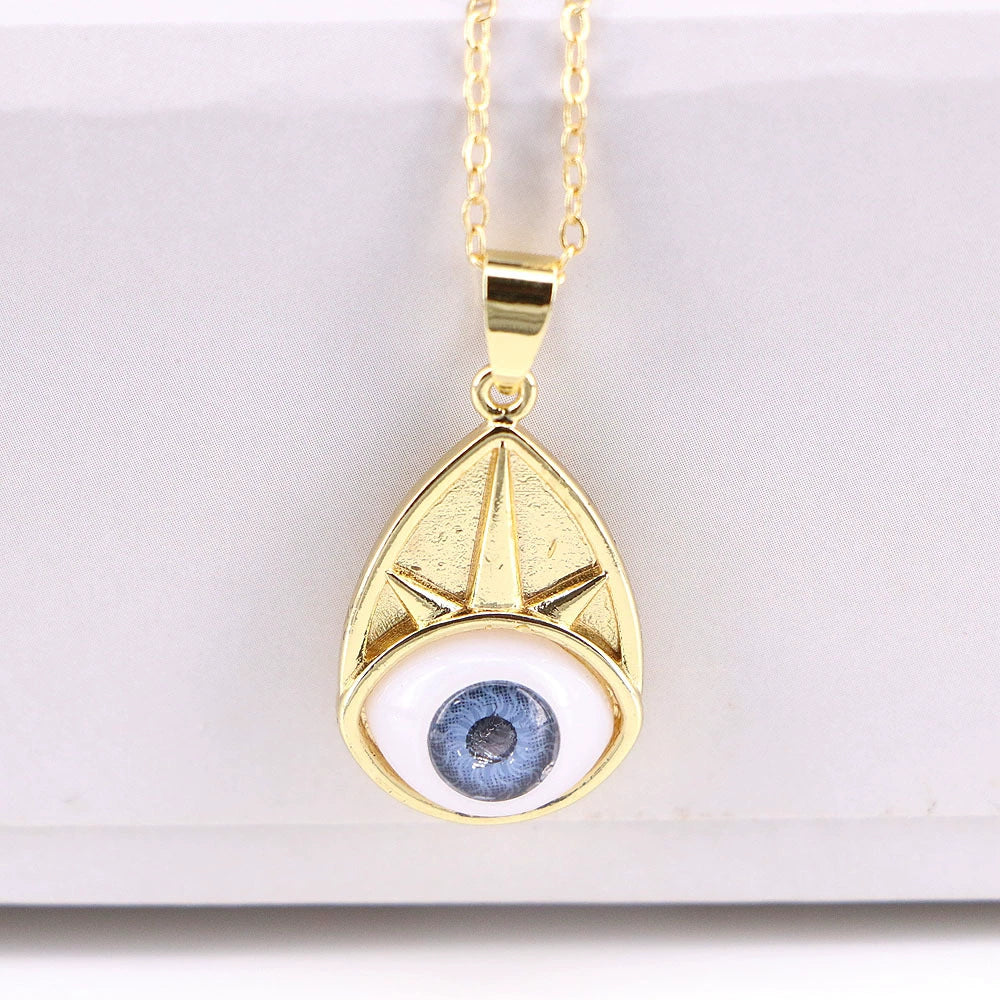 Wholesale Vintage Devil's Eye Resin Pendant Necklace With Copper Mixed Gem Inlay Drop Shape Electroplating Water Wave Chain Unisex - Image 5