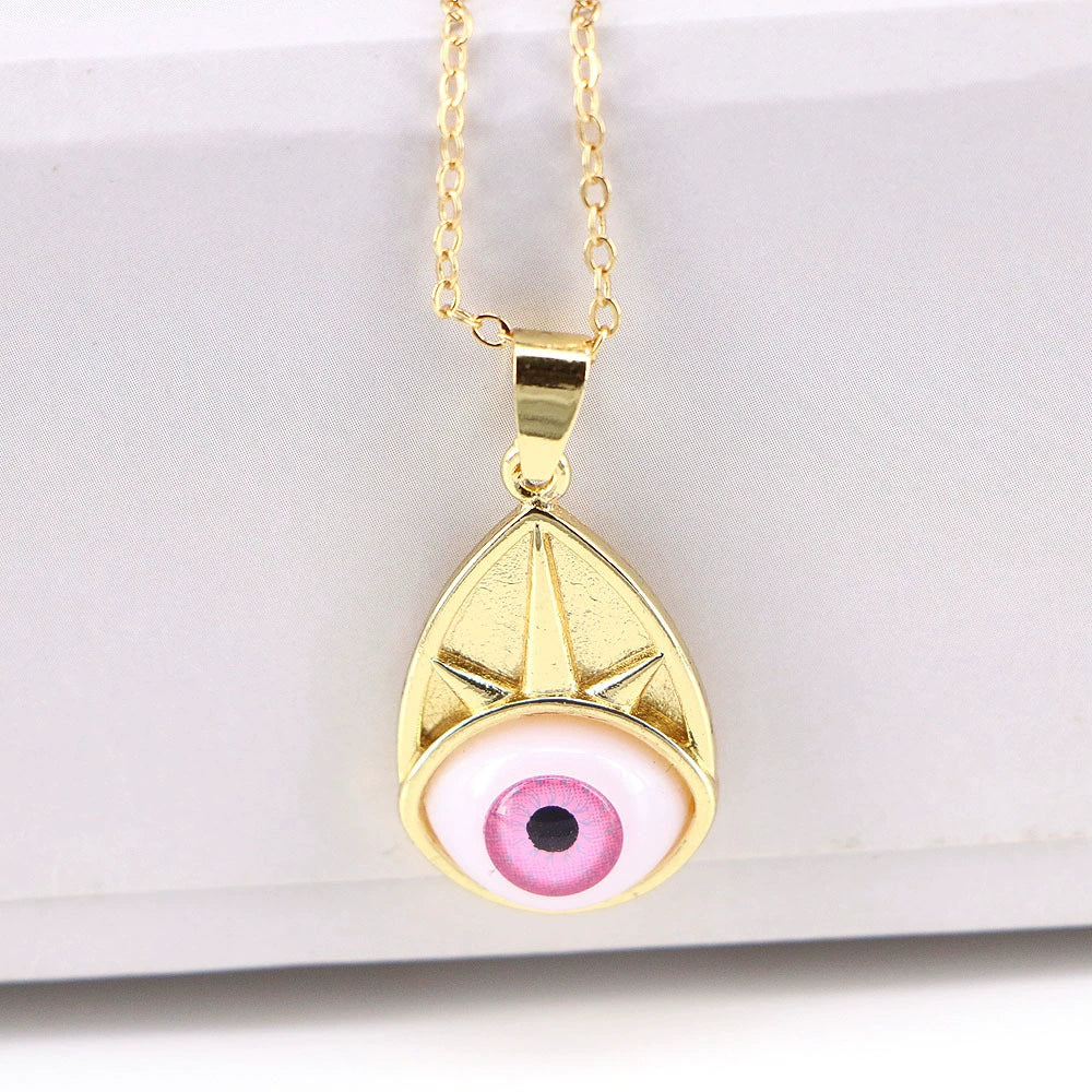 Wholesale Vintage Devil's Eye Resin Pendant Necklace With Copper Mixed Gem Inlay Drop Shape Electroplating Water Wave Chain Unisex - Image 6