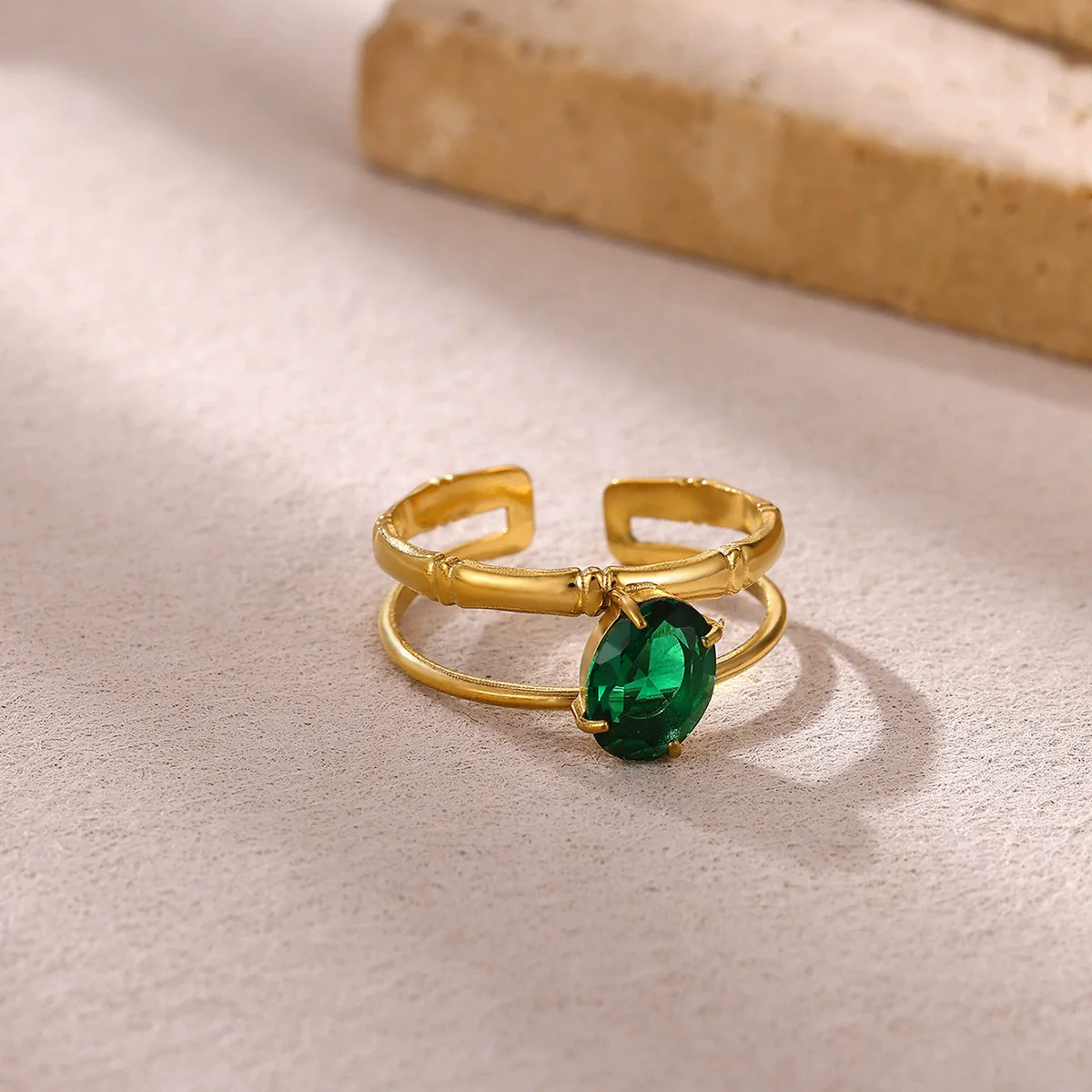 Wholesale Vintage Light Luxury Gold Plated Geometric Ushaped Stainless Steel Zircon Crystal Green Multilayer Hollow Open Ring For Women - Image 4