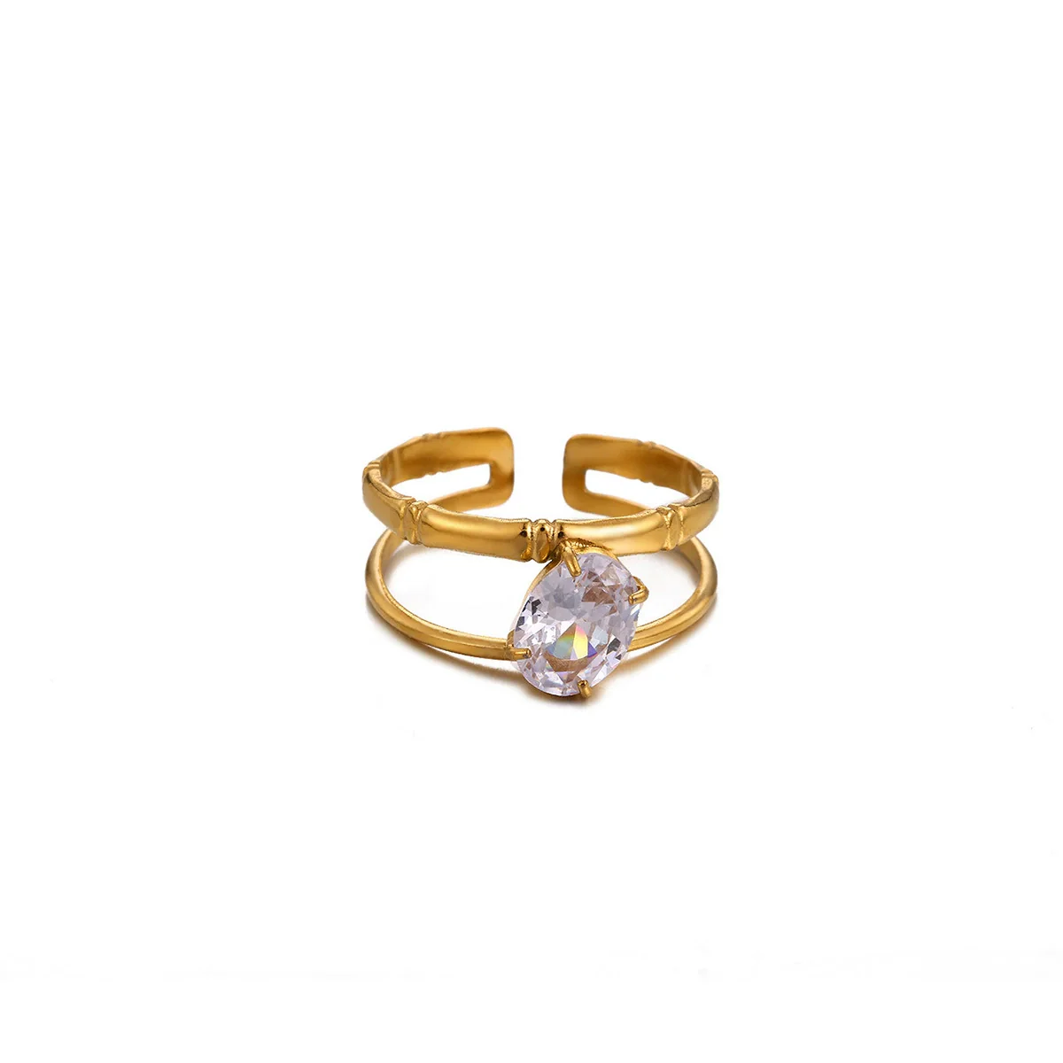 Wholesale Vintage Light Luxury Gold Plated Geometric Ushaped Stainless Steel Zircon Crystal Green Multilayer Hollow Open Ring For Women - Image 5