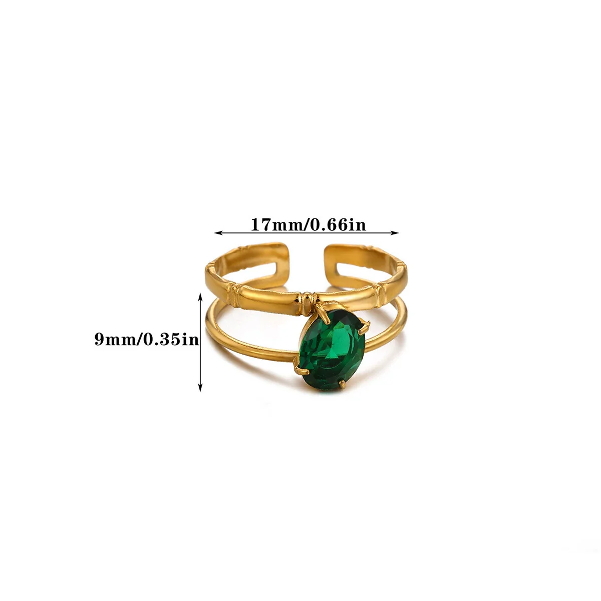 Wholesale Vintage Light Luxury Gold Plated Geometric Ushaped Stainless Steel Zircon Crystal Green Multilayer Hollow Open Ring For Women - Image 7