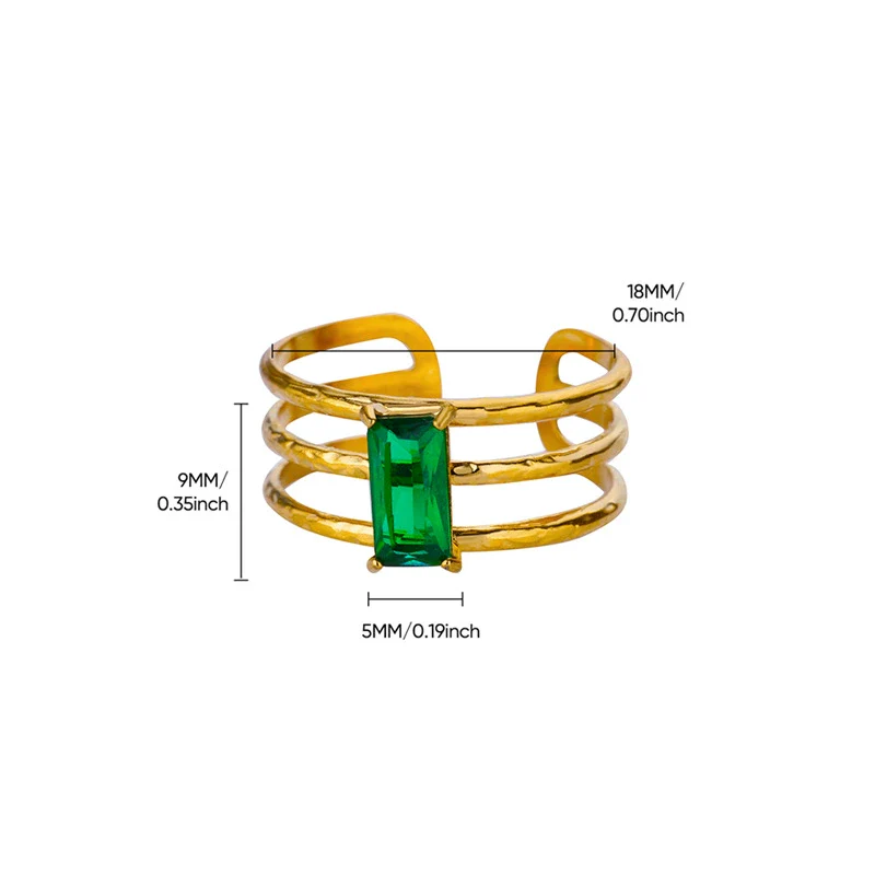 Wholesale Vintage Light Luxury Gold Plated Geometric Ushaped Stainless Steel Zircon Crystal Green Multilayer Hollow Open Ring For Women - Image 9