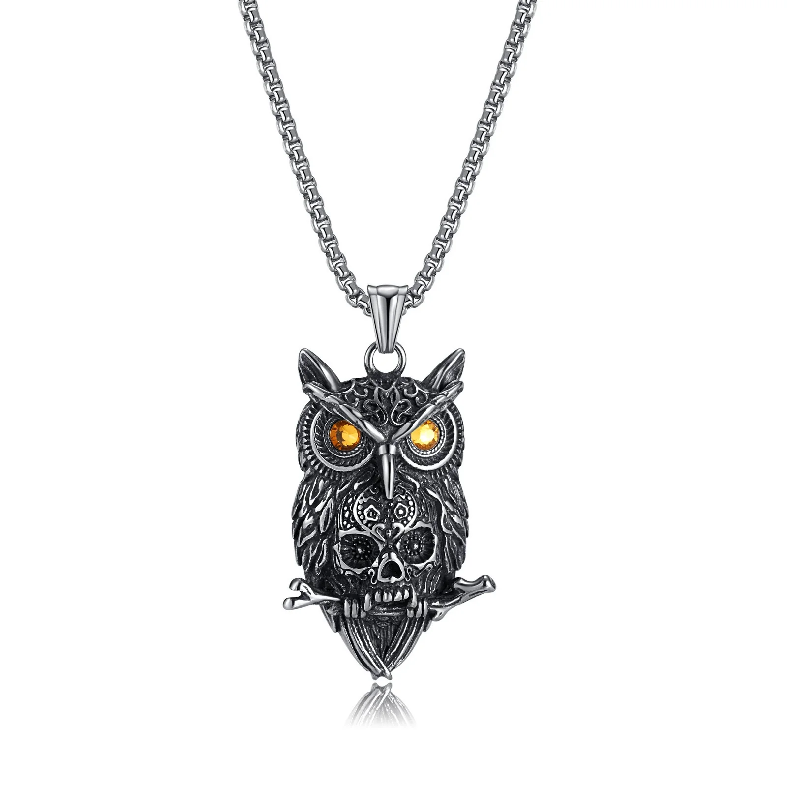 Wholesale Vintage Owl And Skull Pendant Men's Titanium Steel Necklace With Dripping Oil Treatment And Animal Zodiac Pattern - Image 7