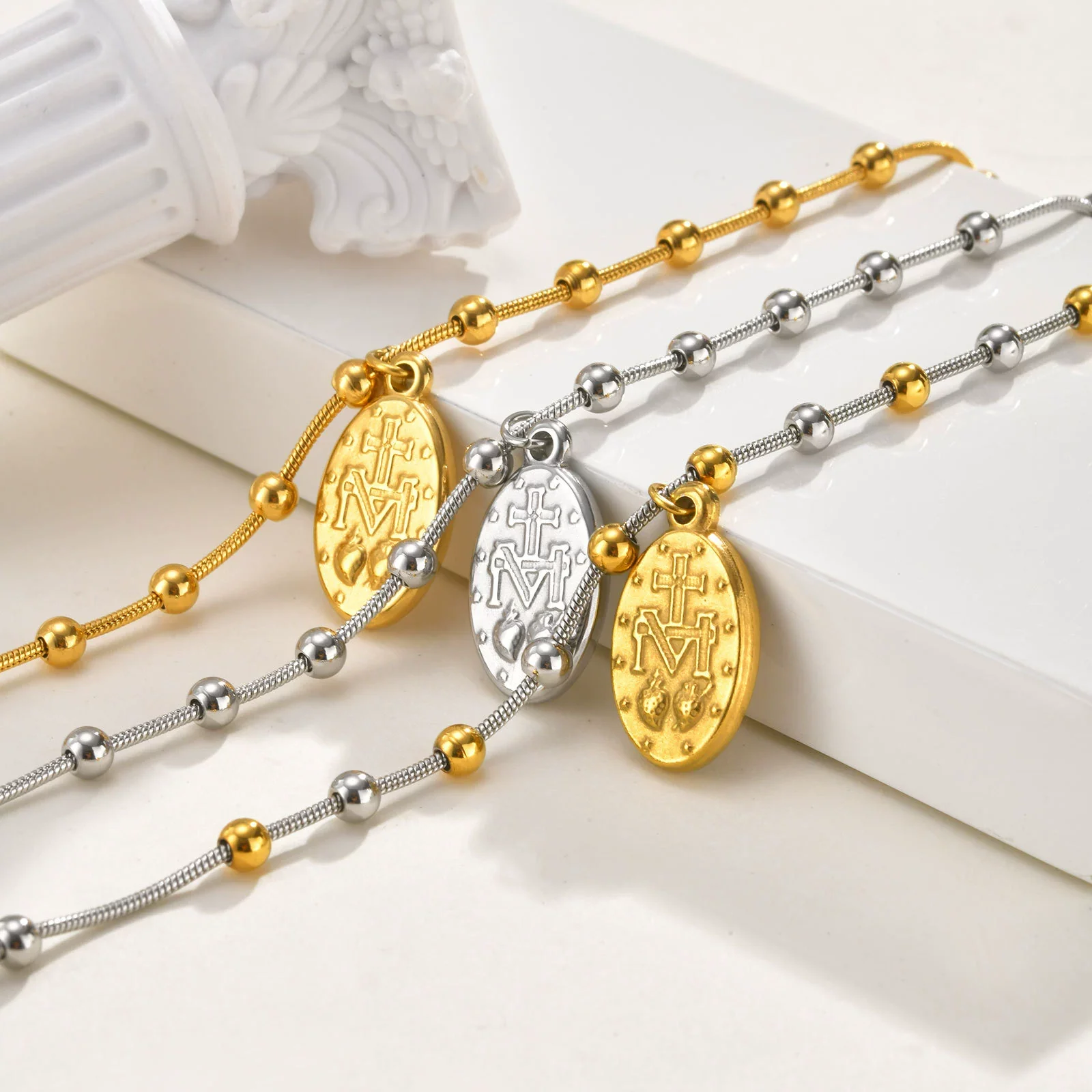 Wholesale Vintage Stainless Steel Geometric Beaded Snake Chain Bracelet For Women Electroplated - Image 4