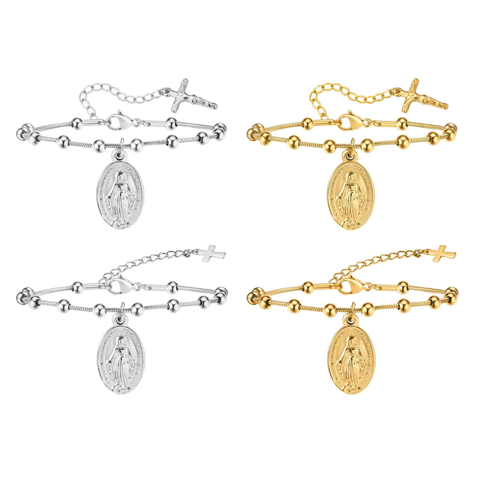 Wholesale Vintage Stainless Steel Geometric Beaded Snake Chain Bracelet For Women Electroplated - Image 5