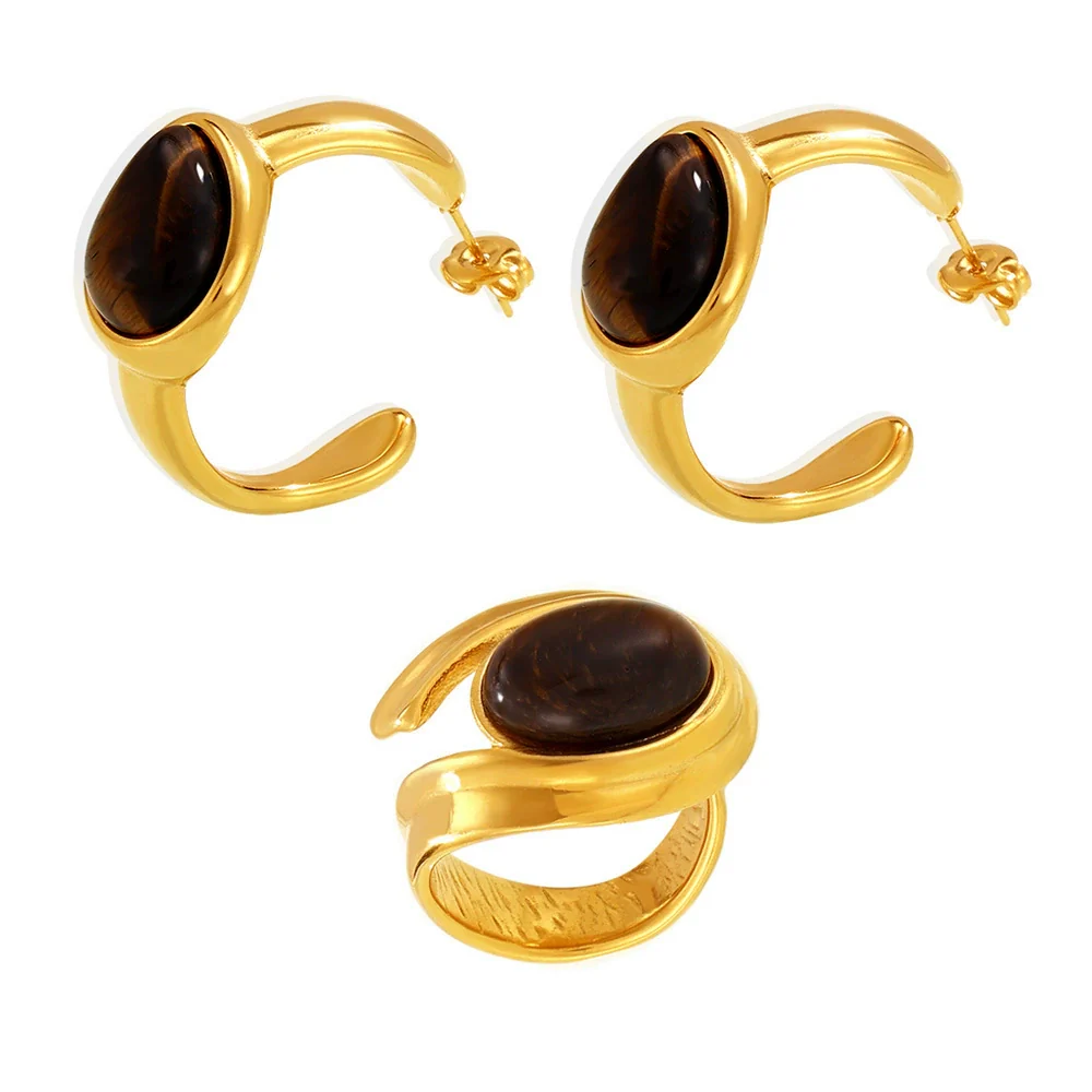 Wholesale Vintage Tiger Eye Stone Cshaped Earrings And Necklaces With Stainless Steel Pvd Electroplating For Women - Image 5