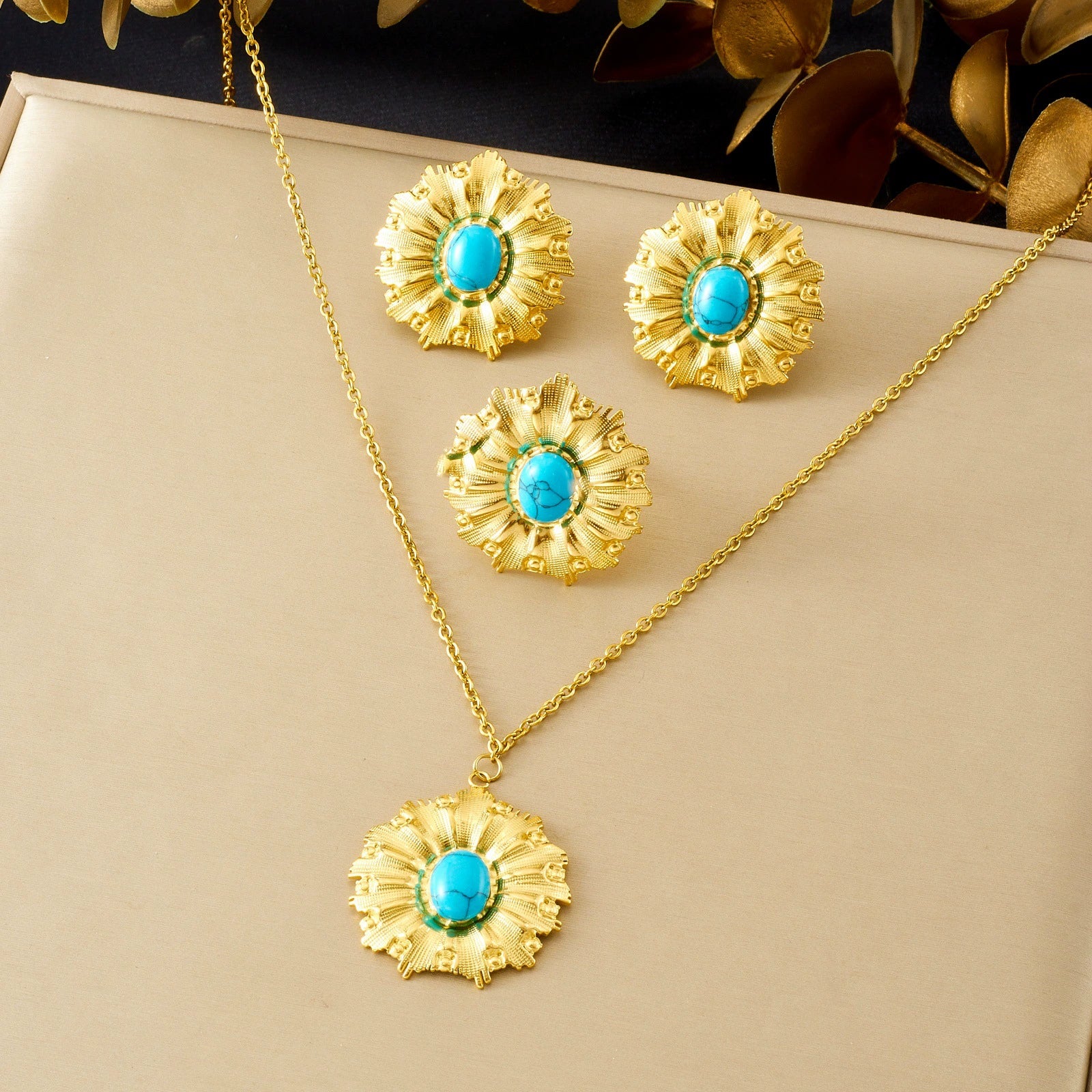 Wholesale Vintage Turquoise Sunflower Stainless Steel Electroplated Jewelry Set For Women
