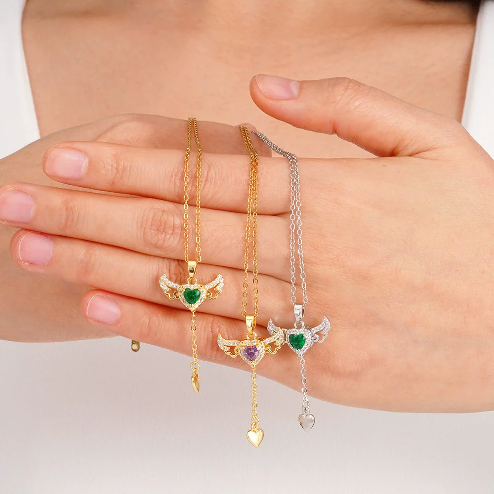 Wholesale Women Light Luxury Copper Heart Shape Necklace With Mixed Gemstone Inlay And Electroplating Treatment - Image 2