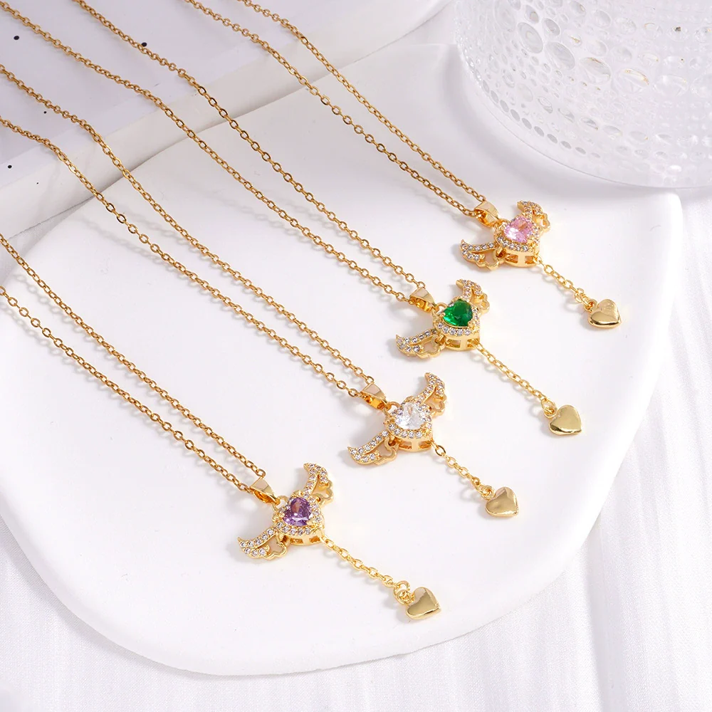 Wholesale Women Light Luxury Copper Heart Shape Necklace With Mixed Gemstone Inlay And Electroplating Treatment - Image 3