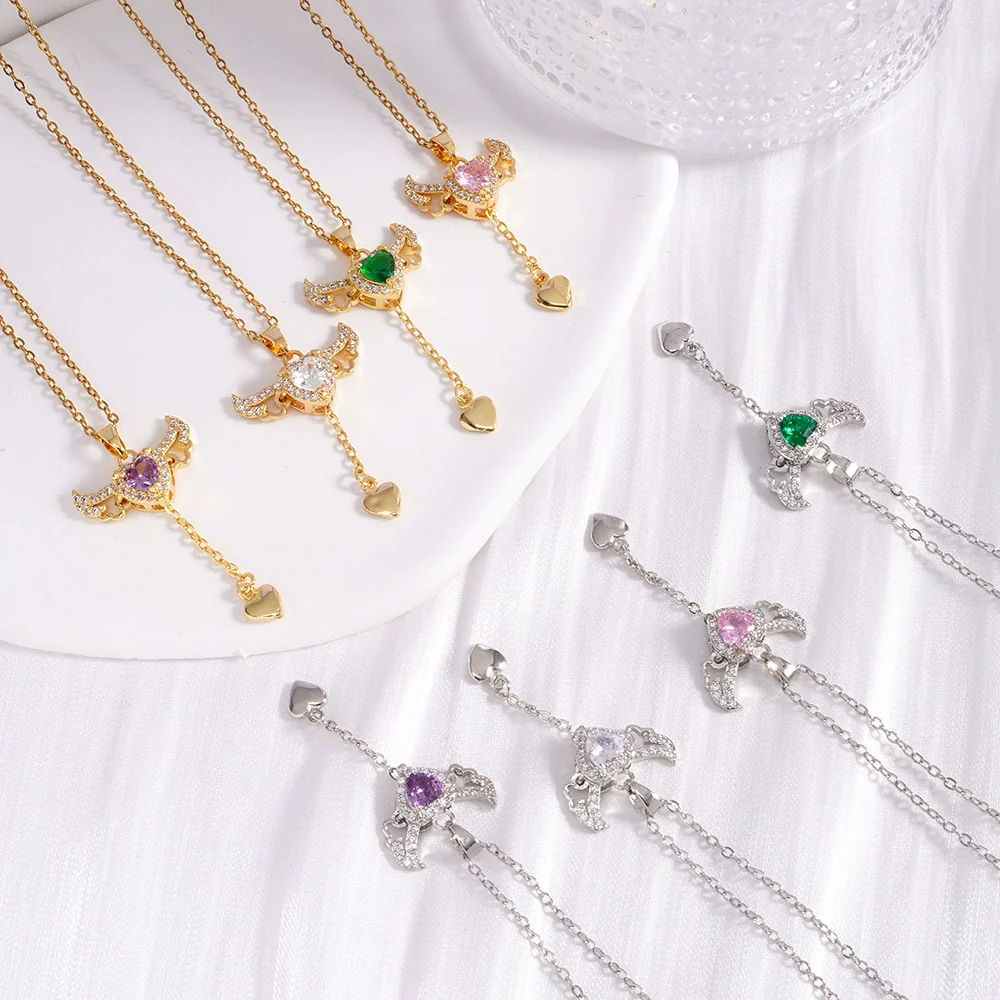 Wholesale Women Light Luxury Copper Heart Shape Necklace With Mixed Gemstone Inlay And Electroplating Treatment - Image 4
