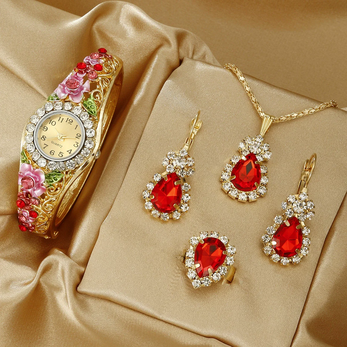 Wholesale Women Quartz Bracelet Watch Jewelry Set Alloy Stainless Steel Oval Dial Threedimensional Flower Middle Ancient Style - Image 6