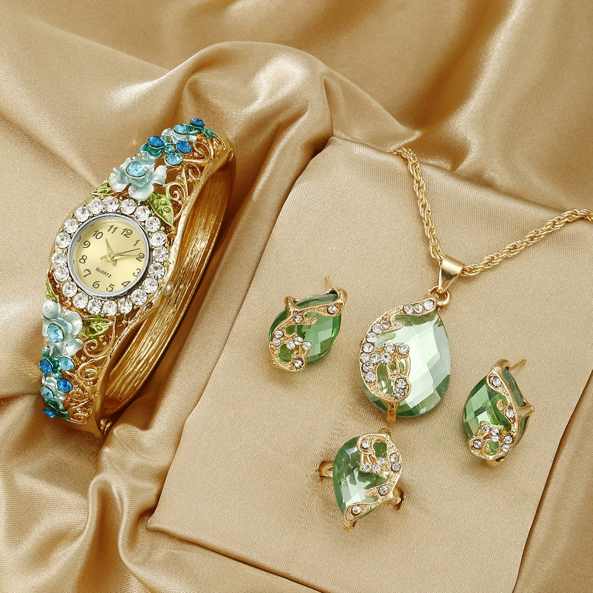 Wholesale Women Quartz Bracelet Watch Jewelry Set Alloy Stainless Steel Oval Dial Threedimensional Flower Middle Ancient Style - Image 7