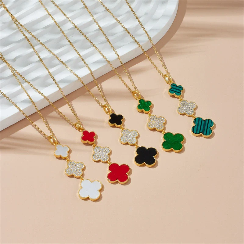 Wholesale Women Titanium Steel Necklace With Fourleaf Clover Pendant Mixed Gem Inlay Copper Electroplating