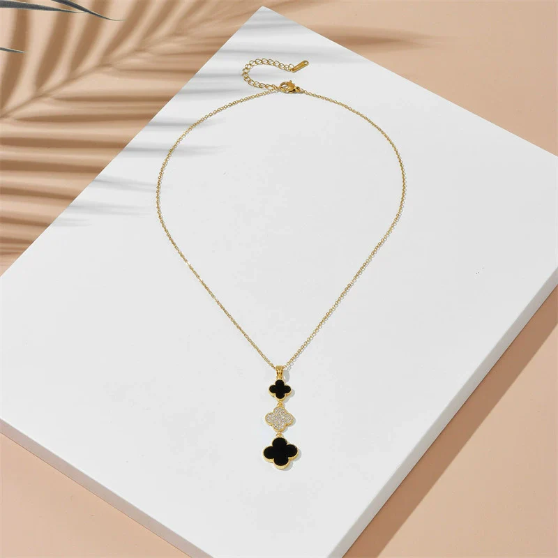 Wholesale Women Titanium Steel Necklace With Fourleaf Clover Pendant Mixed Gem Inlay Copper Electroplating - Image 3
