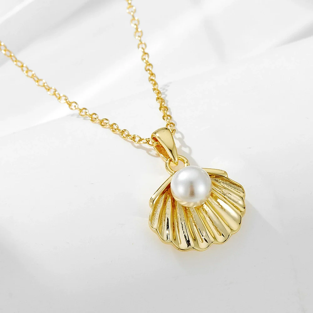 Wholesale Women's 14K Gold Plated S925 Sterling Silver Pearl Shell Diamond Design Cross Chain Clavicle Necklace