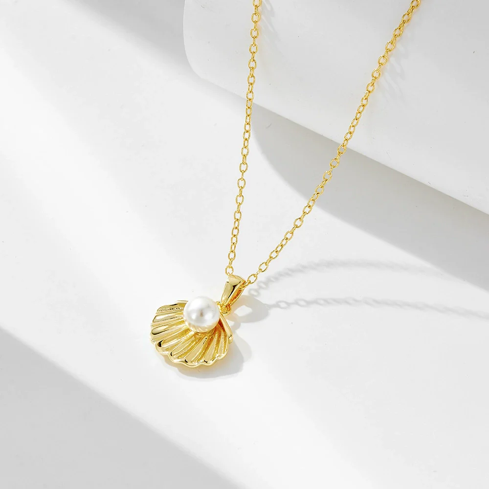 Wholesale Women's 14K Gold Plated S925 Sterling Silver Pearl Shell Diamond Design Cross Chain Clavicle Necklace - Image 6
