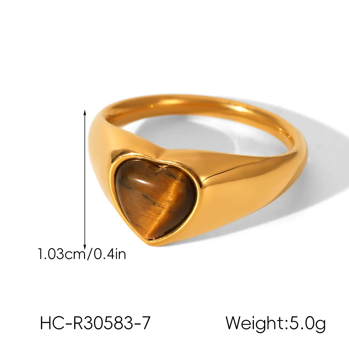 Wholesale Women's 18K Gold Electroplated Stainless Steel Ring With Heart Drop Geometric Shapes And Inlaid White Shell Tiger Eye Stone - Image 10