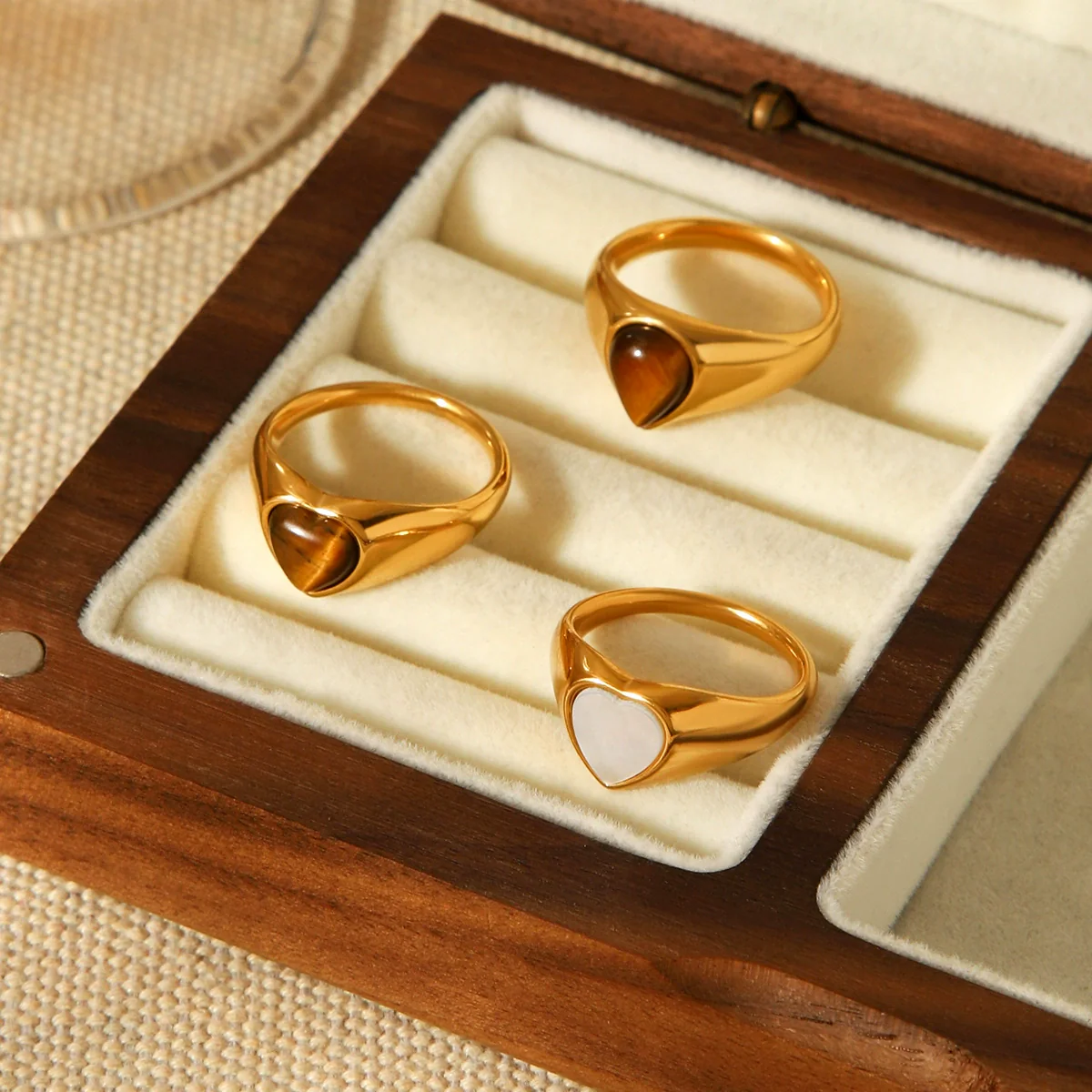 Wholesale Women's 18K Gold Electroplated Stainless Steel Ring With Heart Drop Geometric Shapes And Inlaid White Shell Tiger Eye Stone - Image 3