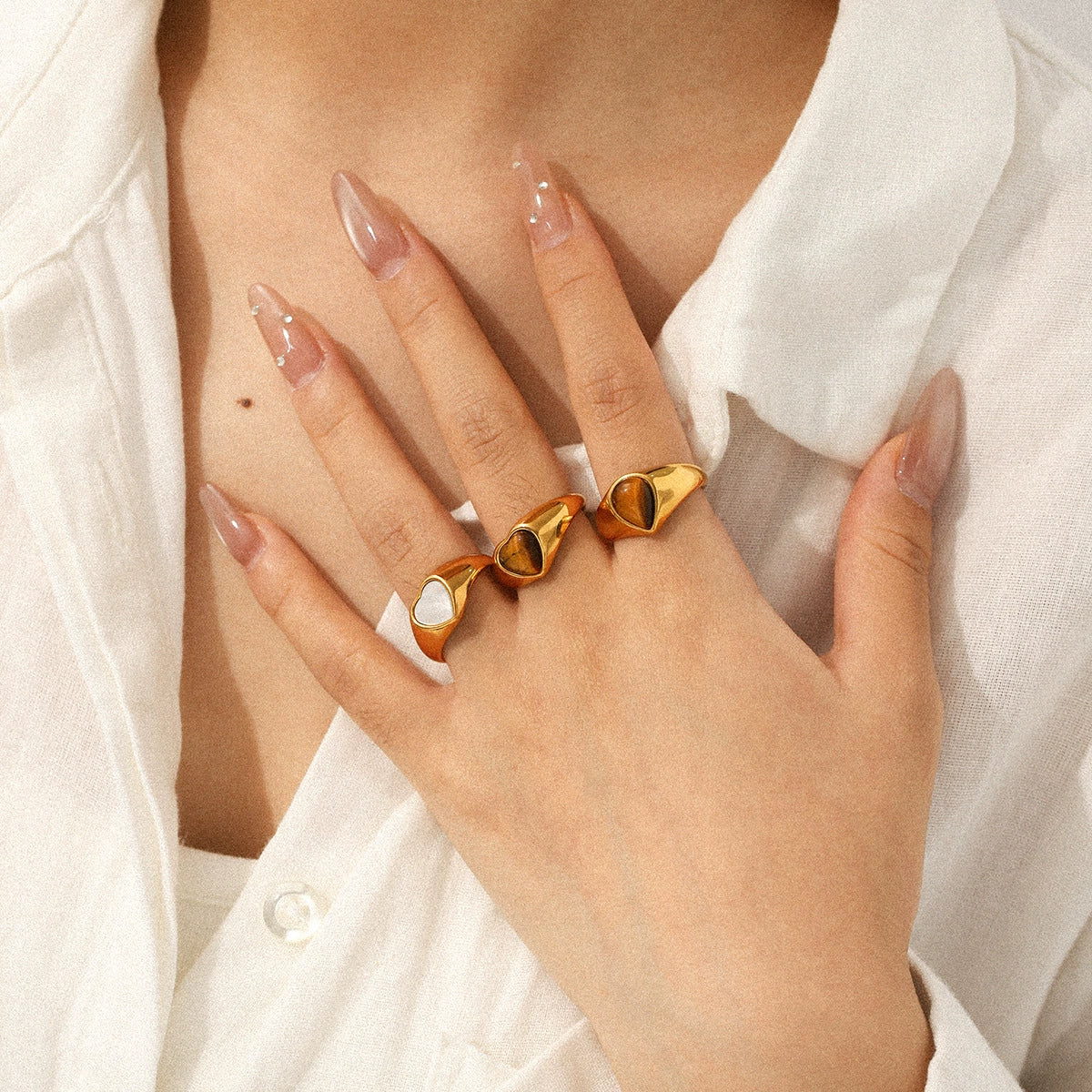 Wholesale Women's 18K Gold Electroplated Stainless Steel Ring With Heart Drop Geometric Shapes And Inlaid White Shell Tiger Eye Stone - Image 4