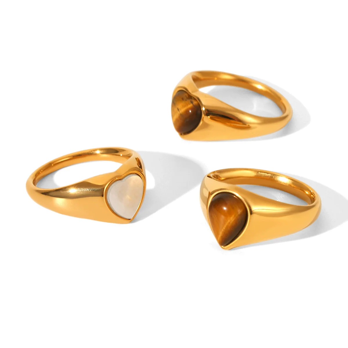 Wholesale Women's 18K Gold Electroplated Stainless Steel Ring With Heart Drop Geometric Shapes And Inlaid White Shell Tiger Eye Stone - Image 5