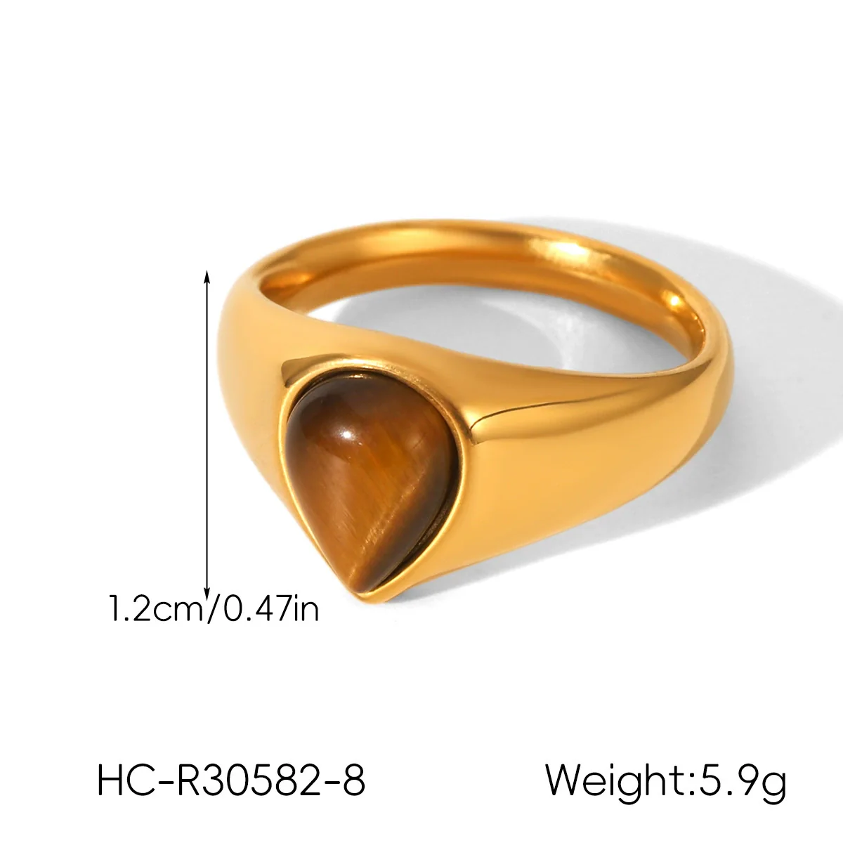 Wholesale Women's 18K Gold Electroplated Stainless Steel Ring With Heart Drop Geometric Shapes And Inlaid White Shell Tiger Eye Stone - Image 8