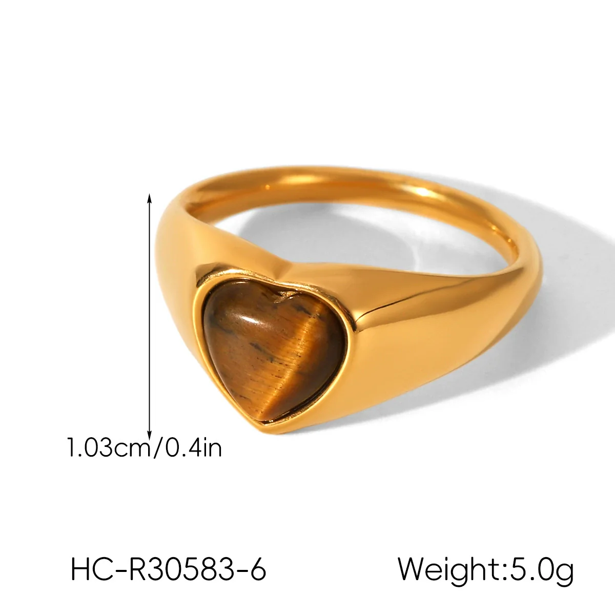 Wholesale Women's 18K Gold Electroplated Stainless Steel Ring With Heart Drop Geometric Shapes And Inlaid White Shell Tiger Eye Stone - Image 9