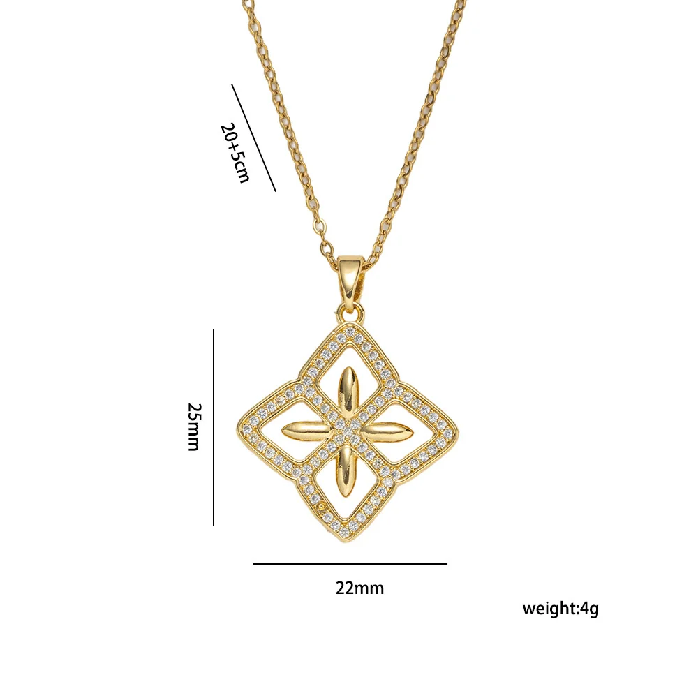 Wholesale Women's 18K Gold Plated Copper Zircon Rhombus Flower O Word Chain Necklace Light Luxury Jewelry - Image 4