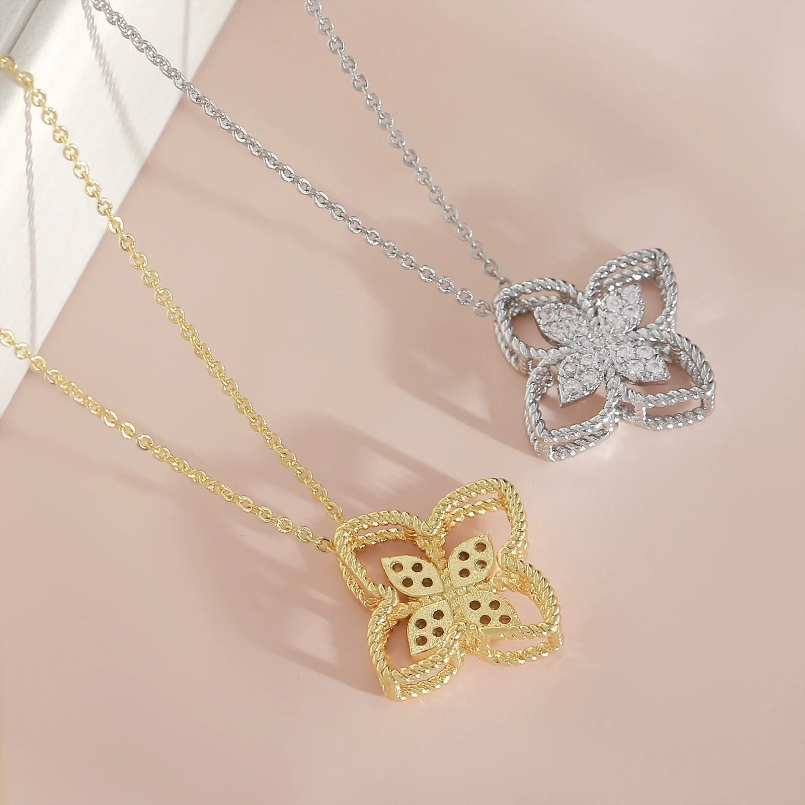Wholesale Women's 18K Goldplated Copper Geometric Fourleaf Clover Flower Zircon Inlaid Hollow Necklace With O Word Chain - Image 2