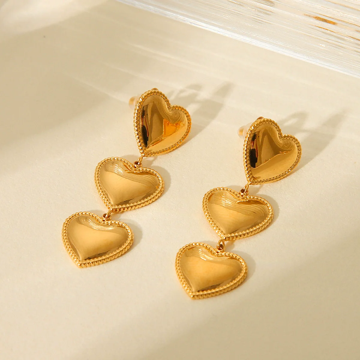 Wholesale Women's 18K Goldplated Stainless Steel Geometric Heart Love Tassel Threelayer Trim Earrings - Image 3
