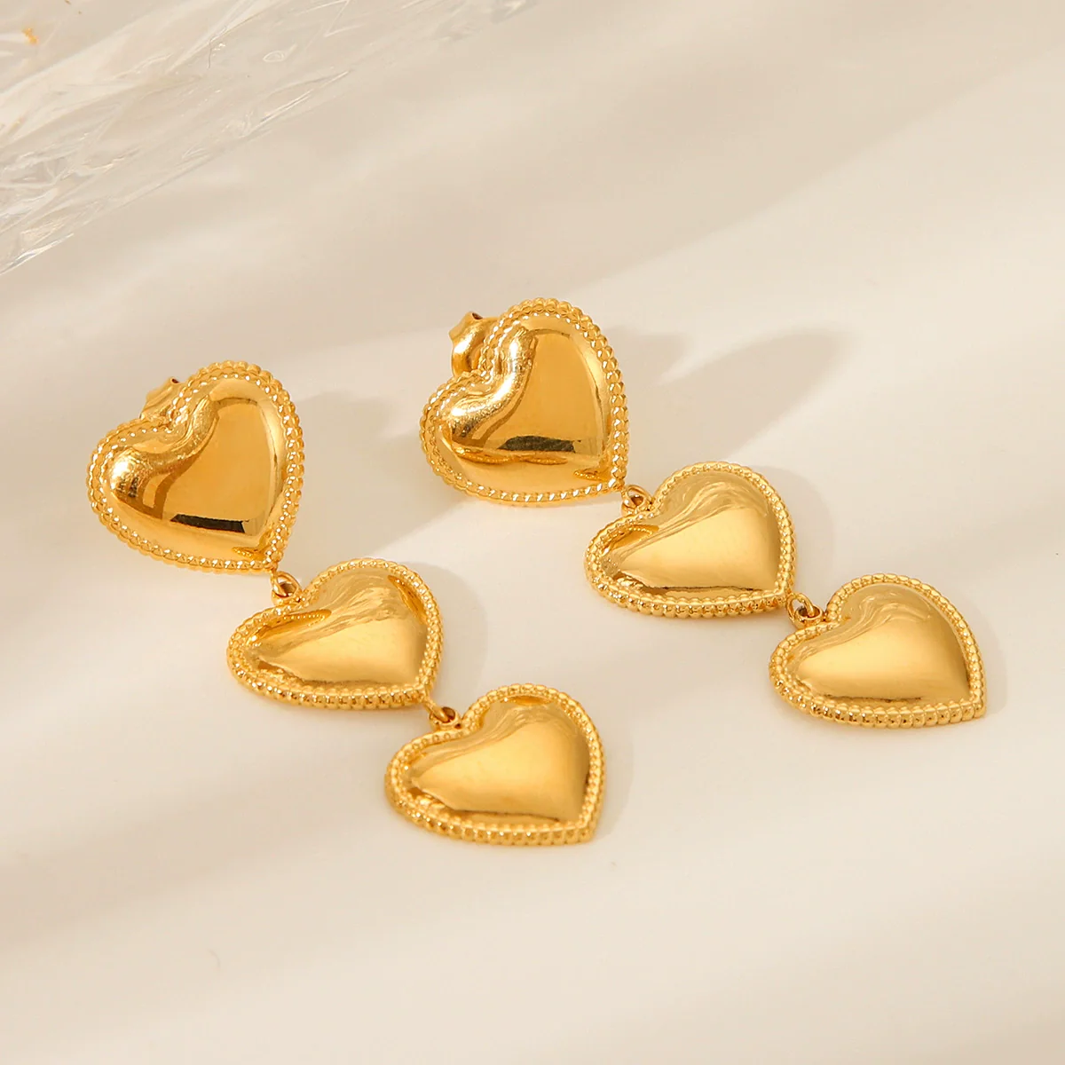 Wholesale Women's 18K Goldplated Stainless Steel Geometric Heart Love Tassel Threelayer Trim Earrings - Image 4