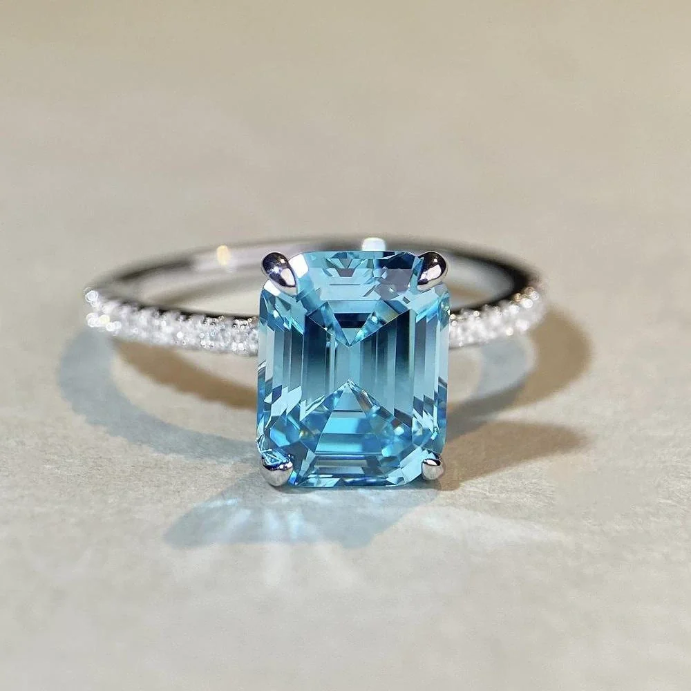 Wholesale Women's 925 Sterling Silver Aquamarine Emerald Cut Geometric Ring Plated Pt950 Gold