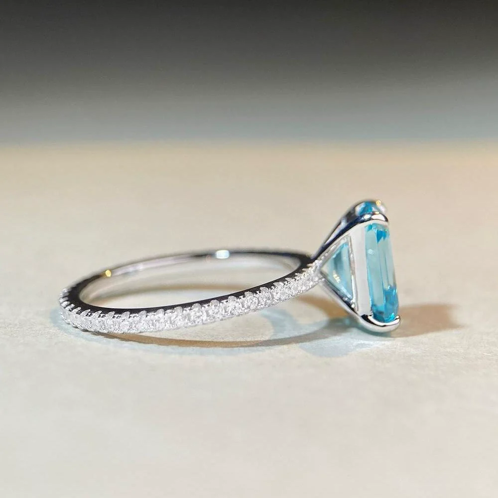Wholesale Women's 925 Sterling Silver Aquamarine Emerald Cut Geometric Ring Plated Pt950 Gold - Image 2