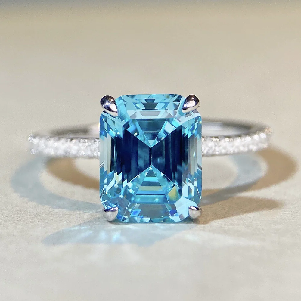 Wholesale Women's 925 Sterling Silver Aquamarine Emerald Cut Geometric Ring Plated Pt950 Gold - Image 3