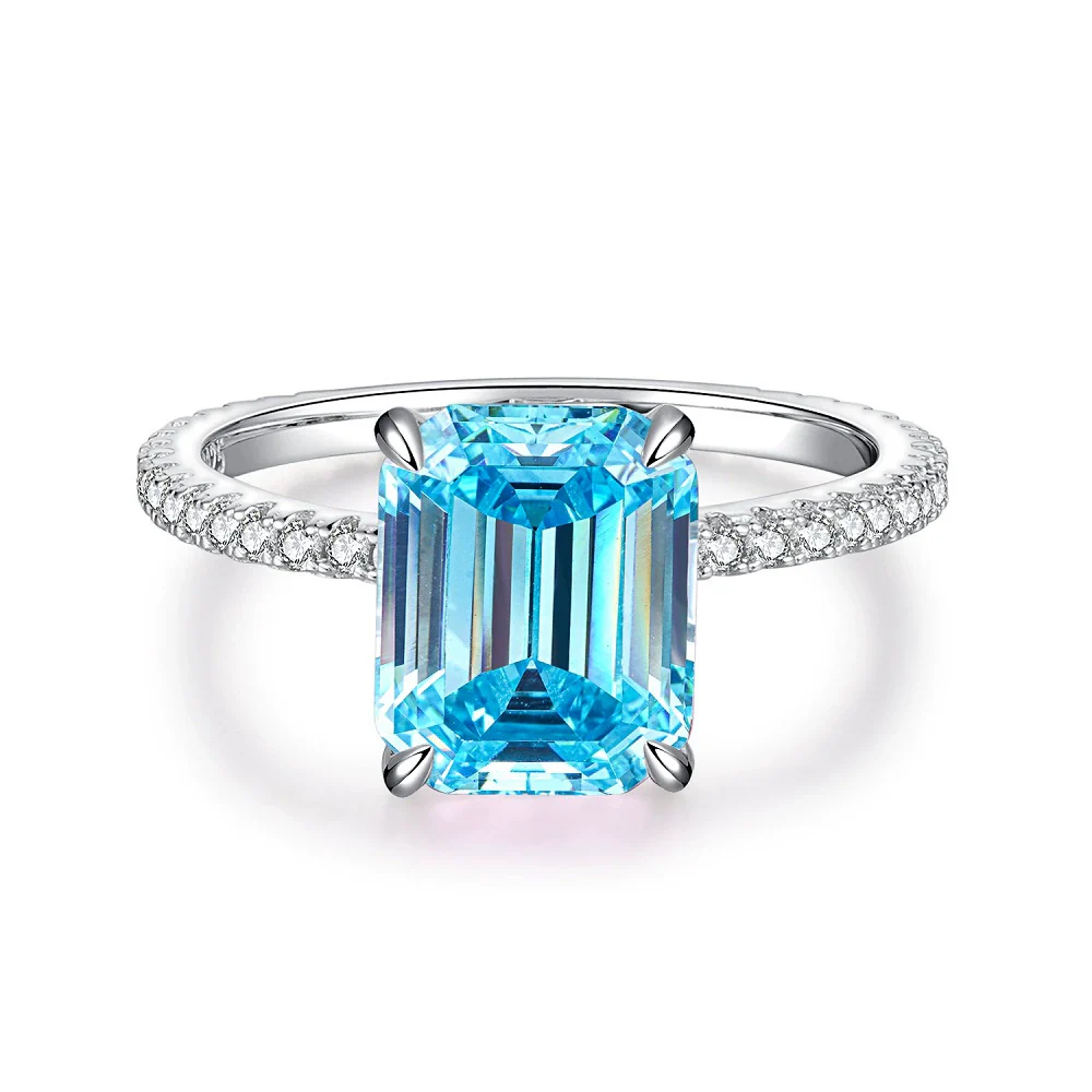 Wholesale Women's 925 Sterling Silver Aquamarine Emerald Cut Geometric Ring Plated Pt950 Gold - Image 5