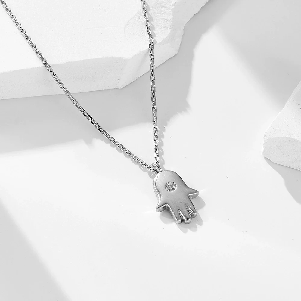 Wholesale Women's 925 Sterling Silver Diamond Fatima Palm Pendant Necklace With Cross Chain - Image 2