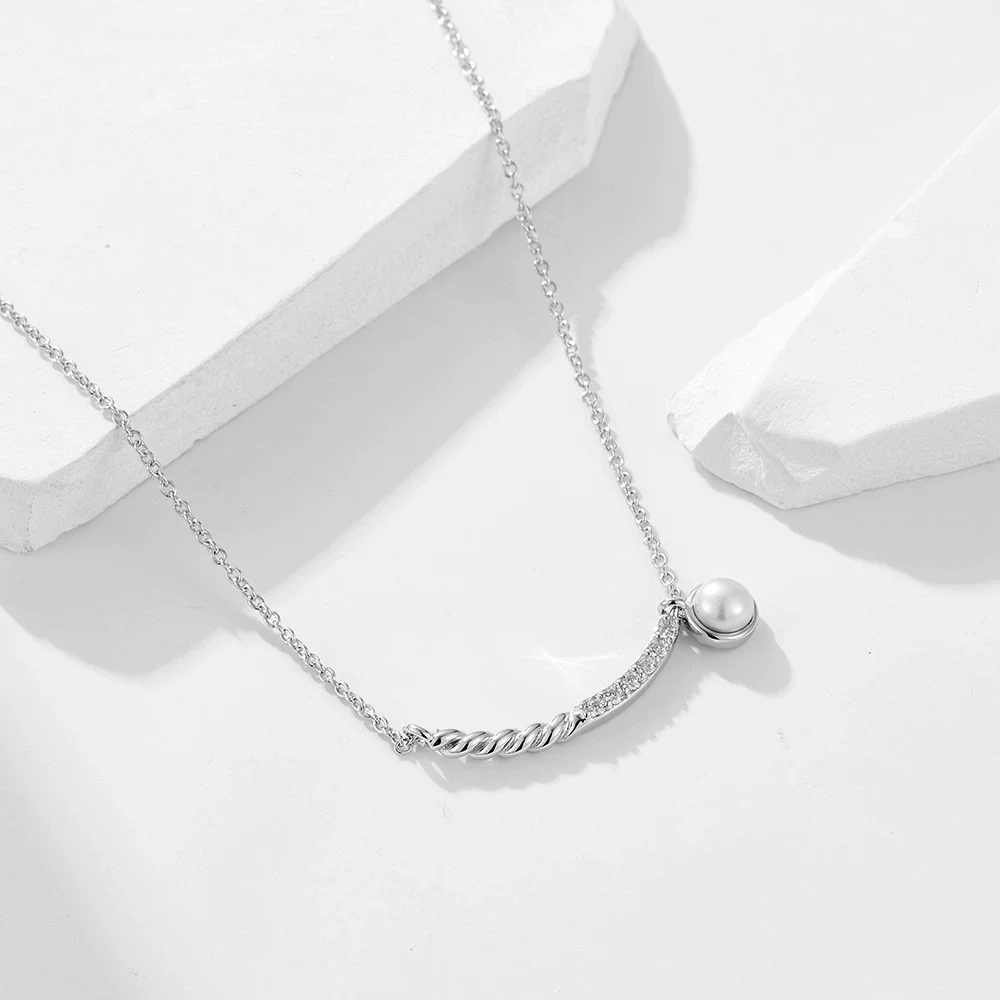 Wholesale Women's 925 Sterling Silver Diamondencrusted Geometric Pearl Pendant Necklace With Cross Chain - Image 2