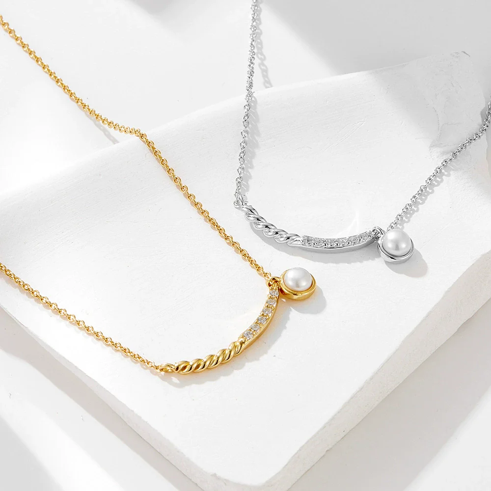 Wholesale Women's 925 Sterling Silver Diamondencrusted Geometric Pearl Pendant Necklace With Cross Chain - Image 3