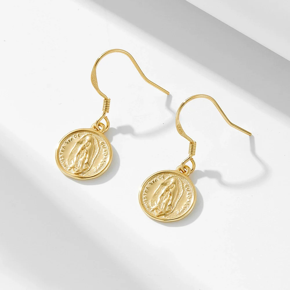 Wholesale Women's 925 Sterling Silver Geometric Circle Coin Earrings With Relief Portrait