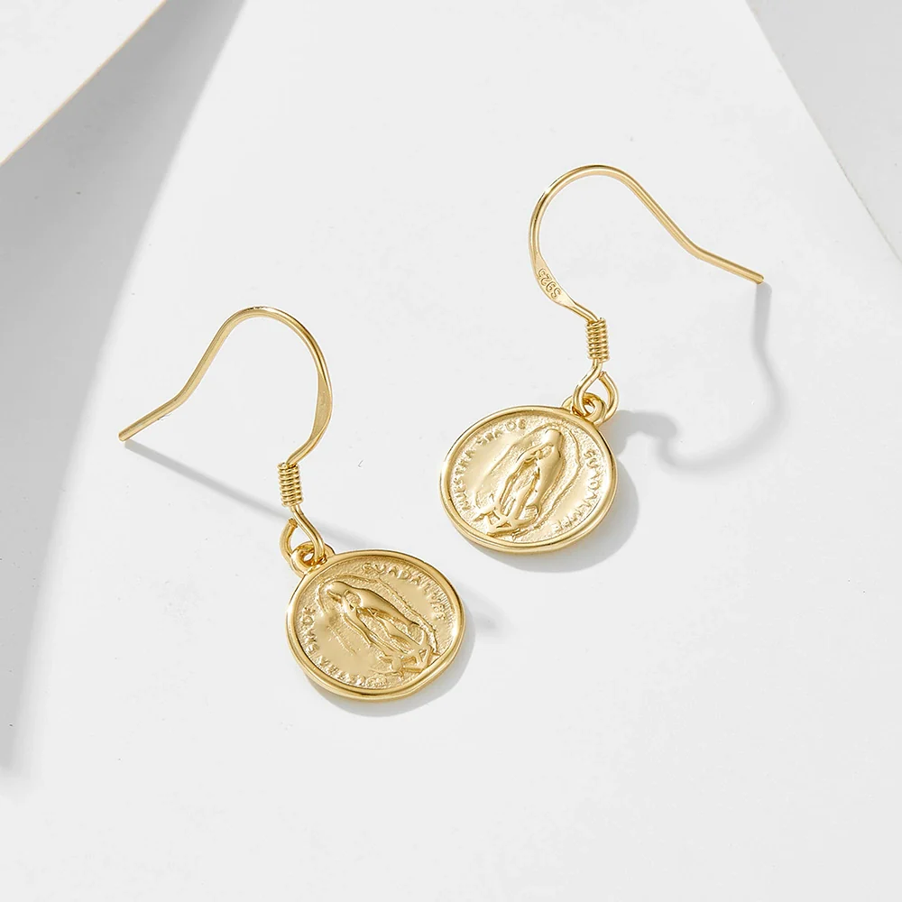 Wholesale Women's 925 Sterling Silver Geometric Circle Coin Earrings With Relief Portrait - Image 3