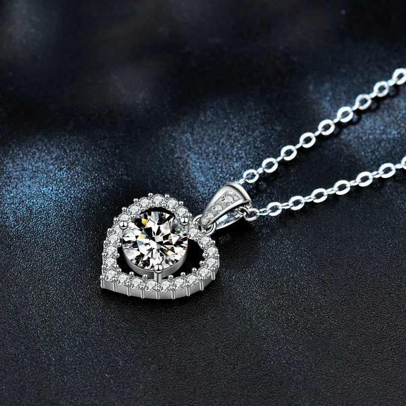 Wholesale Women's 925 Sterling Silver Heart Shape Moissanite Inlaid Clavicle Pendant Necklace With Cross Chain