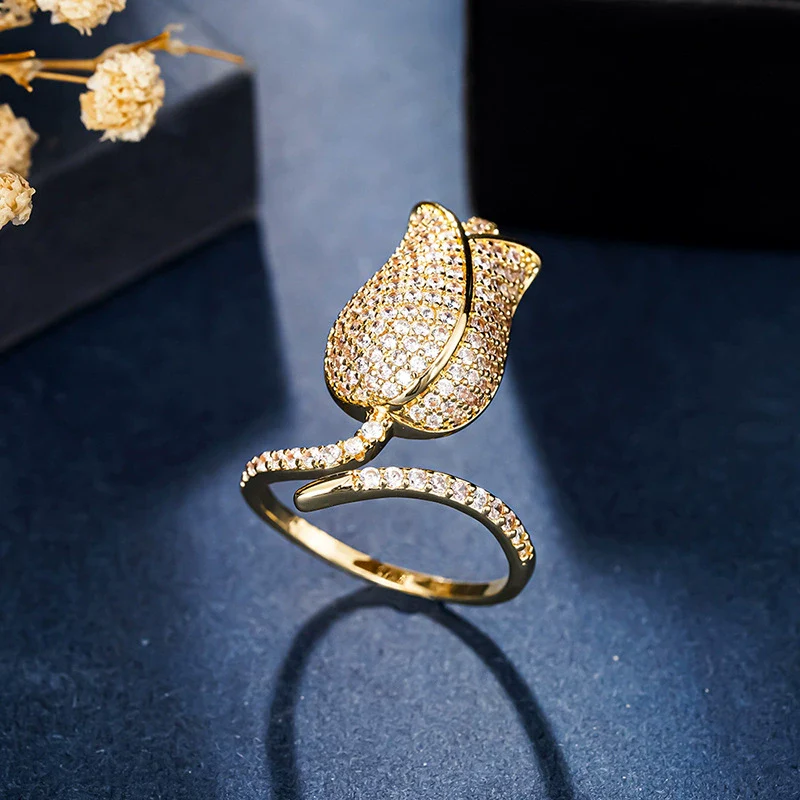 Wholesale Women's Adjustable Open Copper Ring With Geometric And Floral Patterns And Zircon Design In Fairy Style - Image 5
