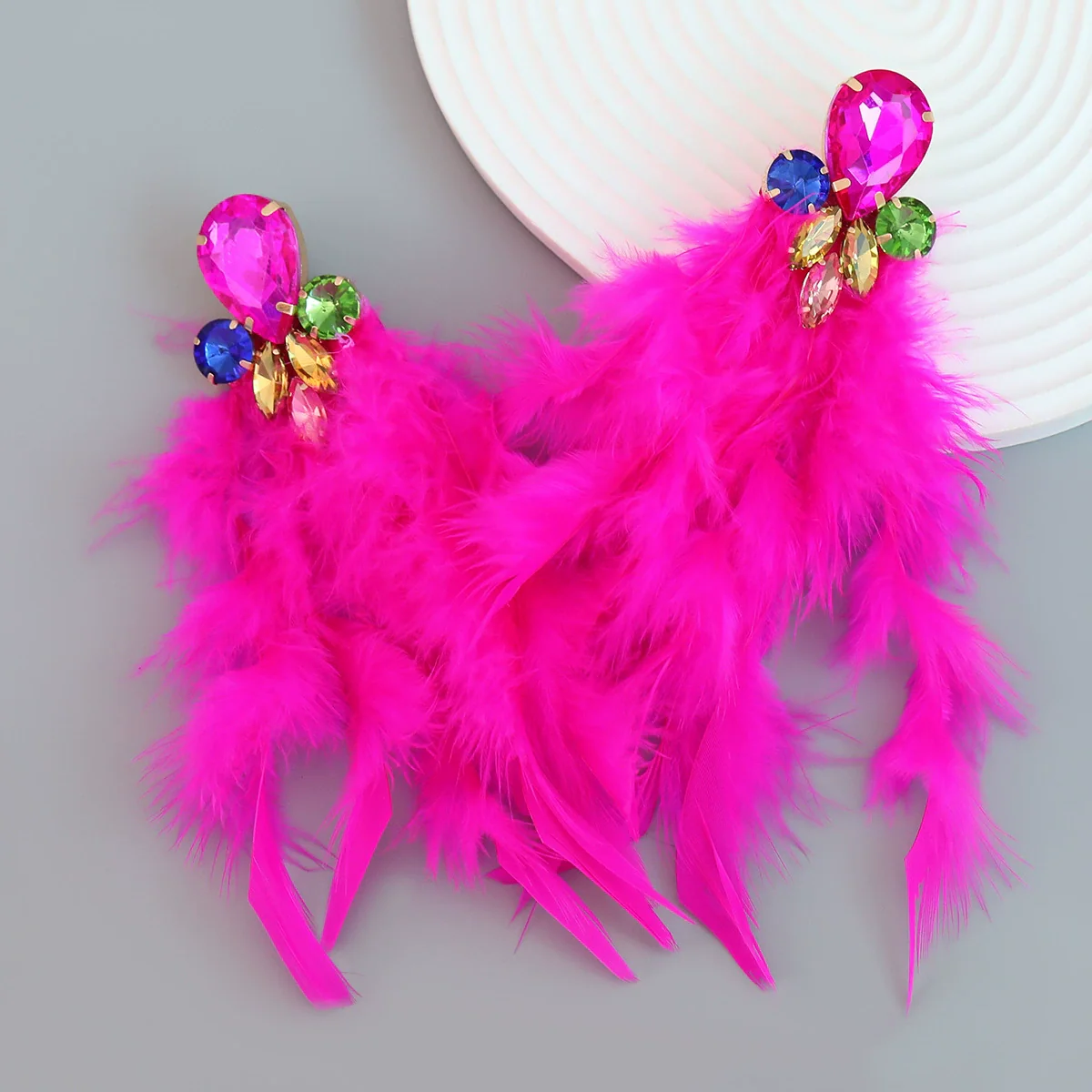 Wholesale Women's Alloy Diamond Geometric Flower Tassel Feather Earrings - Image 2