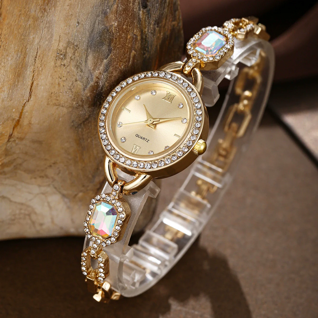 Wholesale Women's Alloy Leisure Watch With Colorful Gemstones And Round Dial And Gold Horseshoe Buckle - Image 3