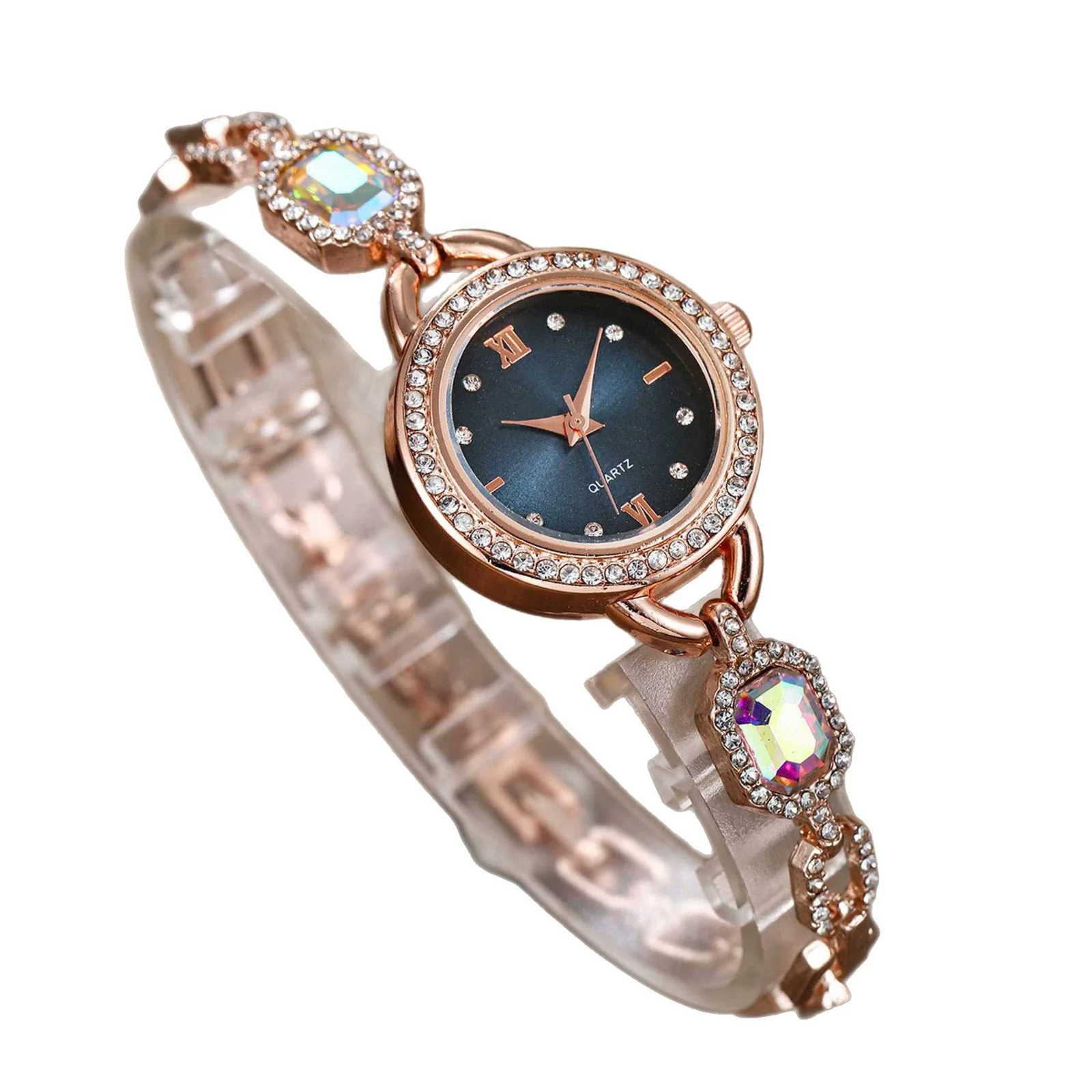 Wholesale Women's Alloy Leisure Watch With Colorful Gemstones And Round Dial And Gold Horseshoe Buckle - Image 5