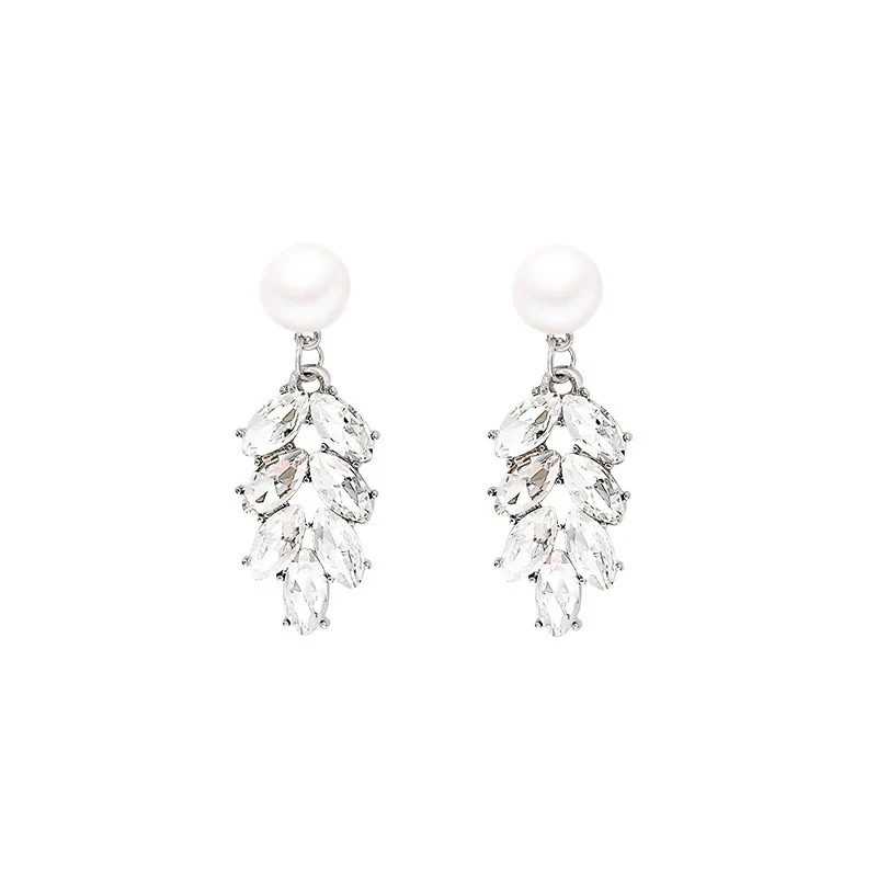 Wholesale Women's Alloy Light Luxury Retro Niche Personality Electroplated Zircon Wheat Tassel And Pearl Earrings With Leaf Pattern - Image 5