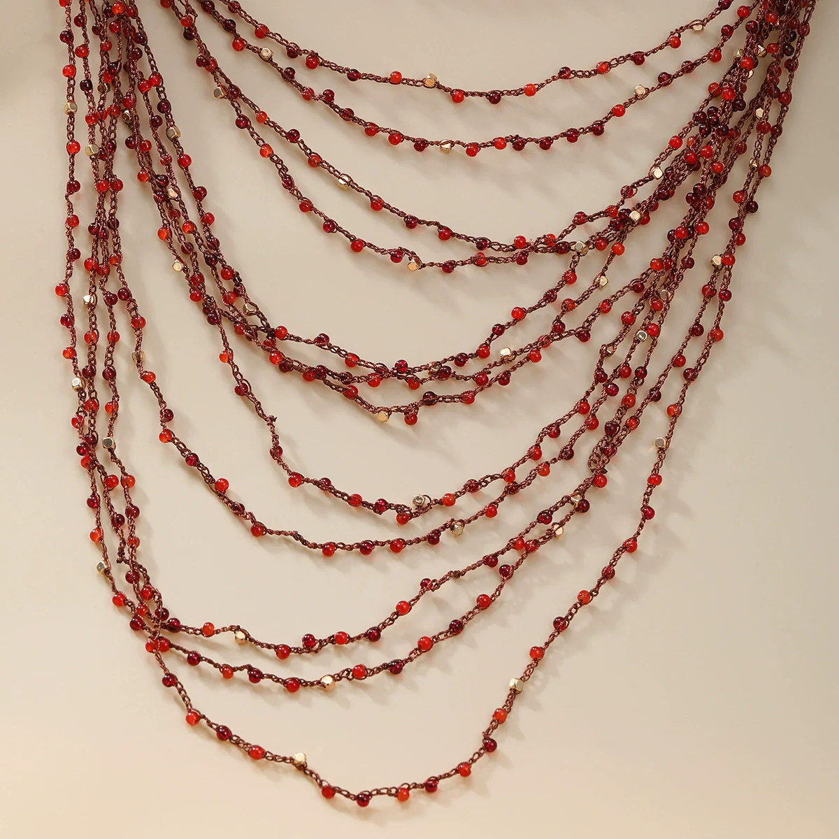 Wholesale Women's Alloy Multi Layer Red Beads Tassel Necklace With Geometric Pattern And Snake Bone Chain