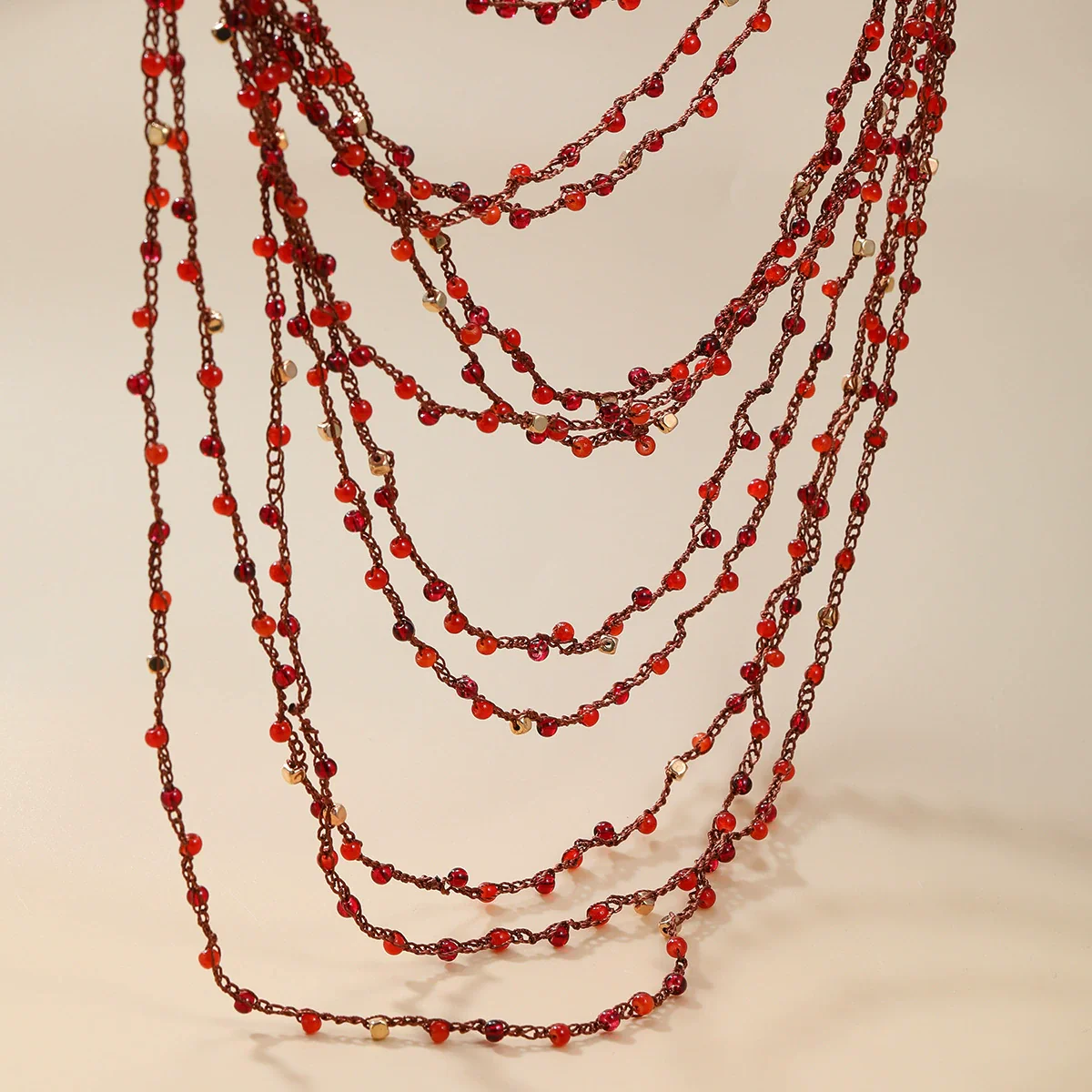 Wholesale Women's Alloy Multi Layer Red Beads Tassel Necklace With Geometric Pattern And Snake Bone Chain - Image 2