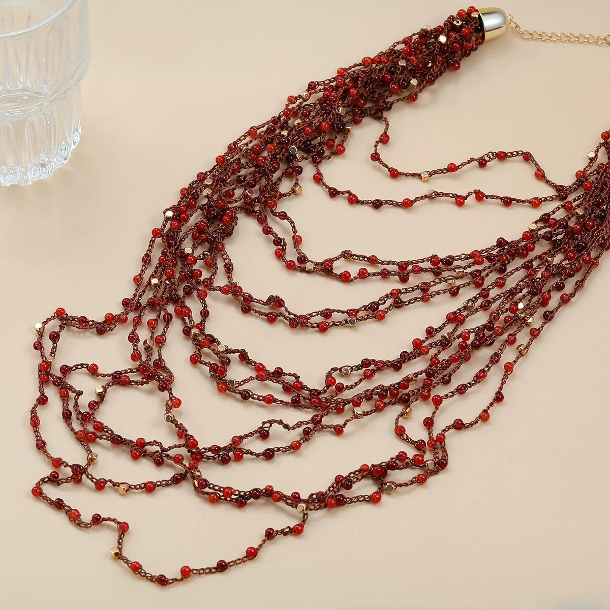 Wholesale Women's Alloy Multi Layer Red Beads Tassel Necklace With Geometric Pattern And Snake Bone Chain - Image 3