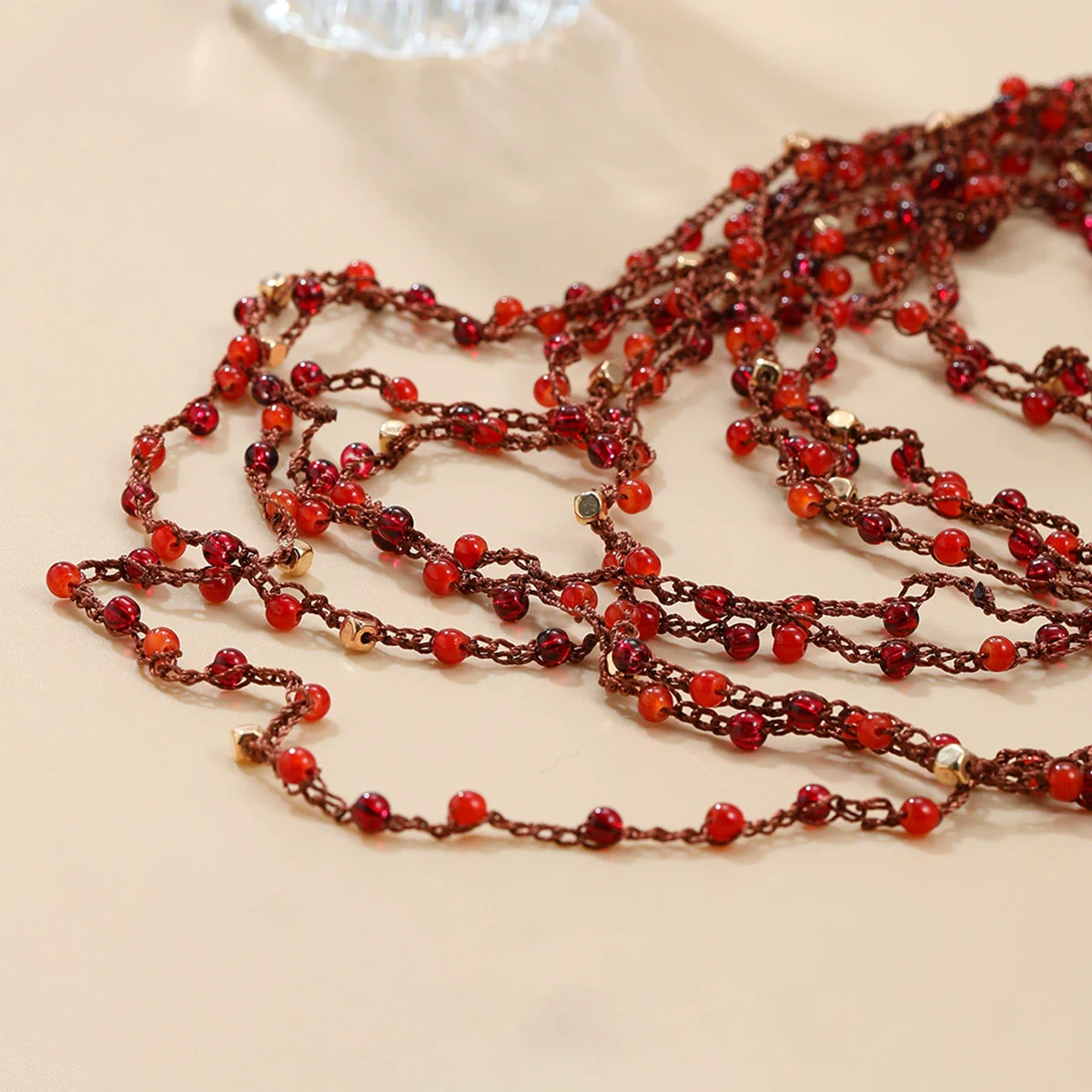 Wholesale Women's Alloy Multi Layer Red Beads Tassel Necklace With Geometric Pattern And Snake Bone Chain - Image 4