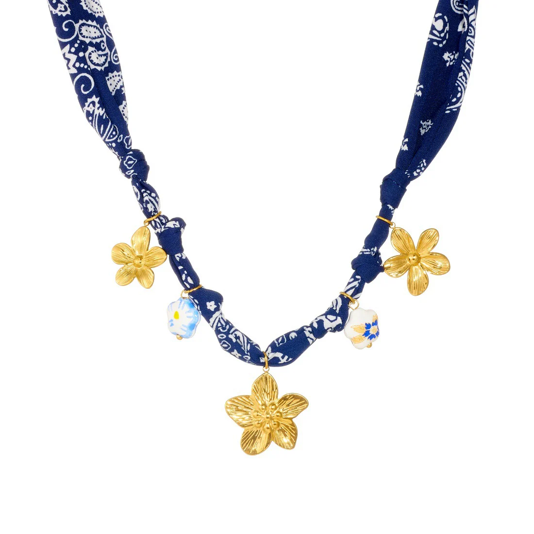 Wholesale Women's Ancient Style Plants And Flowers Pattern Blue Printed Fabric Chain Goldplated Stainless Steel Flower Pendant Jewelry Set - Image 5